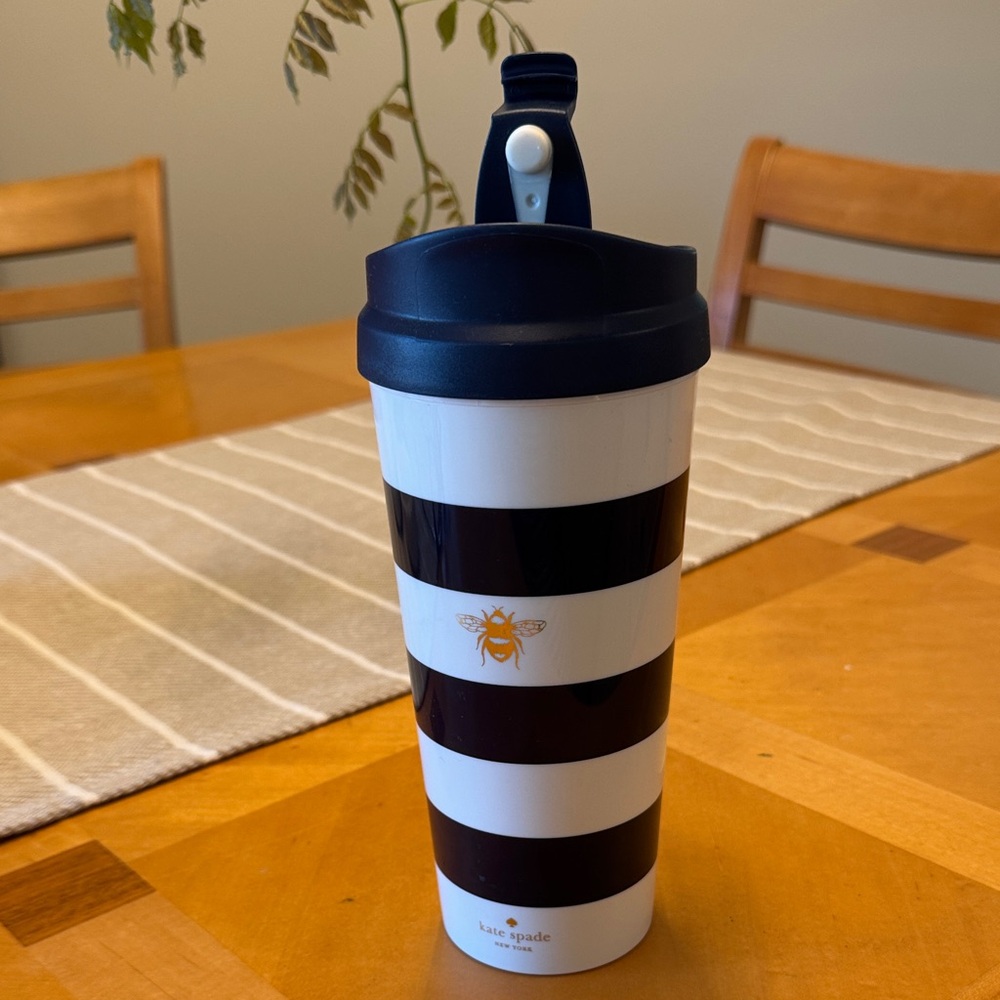 kate spade Blue and White Striped Travel Tumbler with Gold Bee 🐝 New
